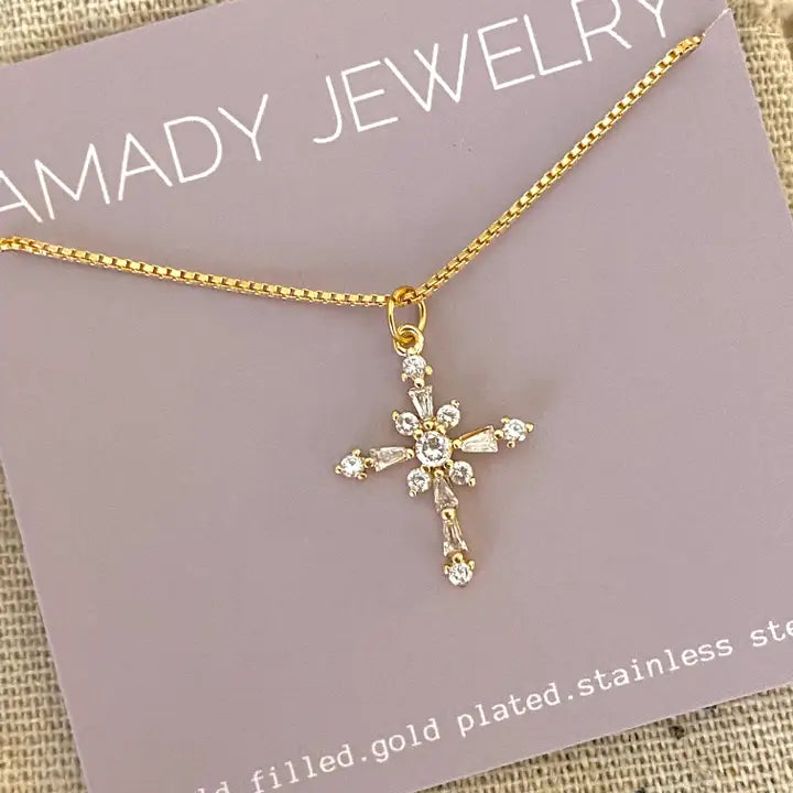 Cross Charm Pendant Glass Gold Plated 18k Gold Filled Chain