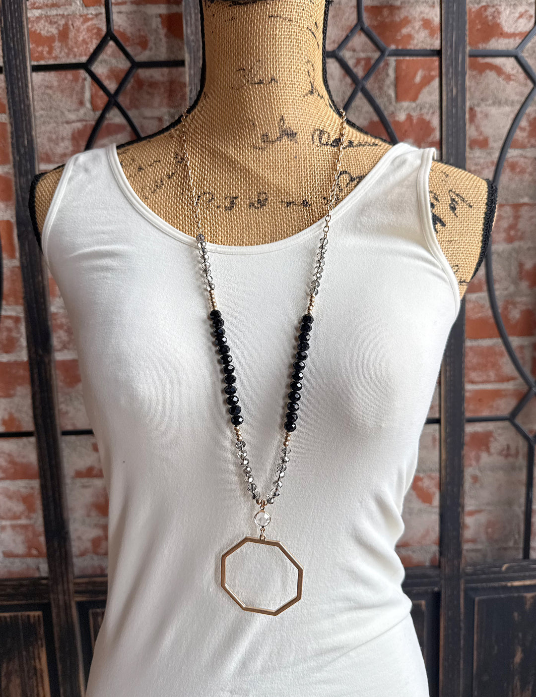 Jet Black Beaded Octagon Pendant