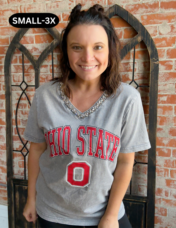OSU Icon Edge Rhinestone V Neck Tee