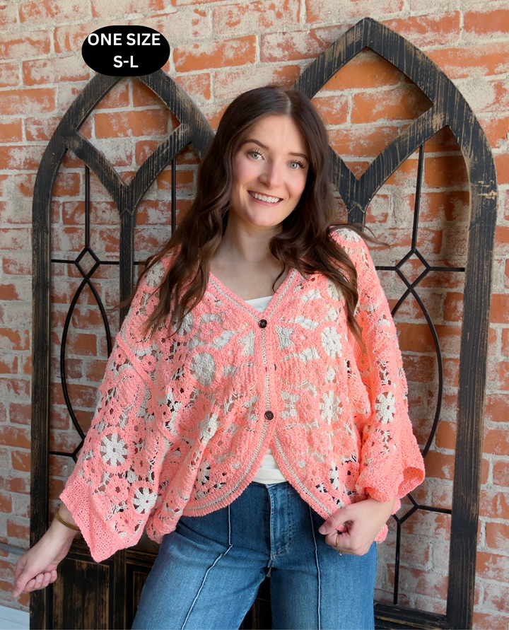 All Her Glory Crochet Cardigan-Coral