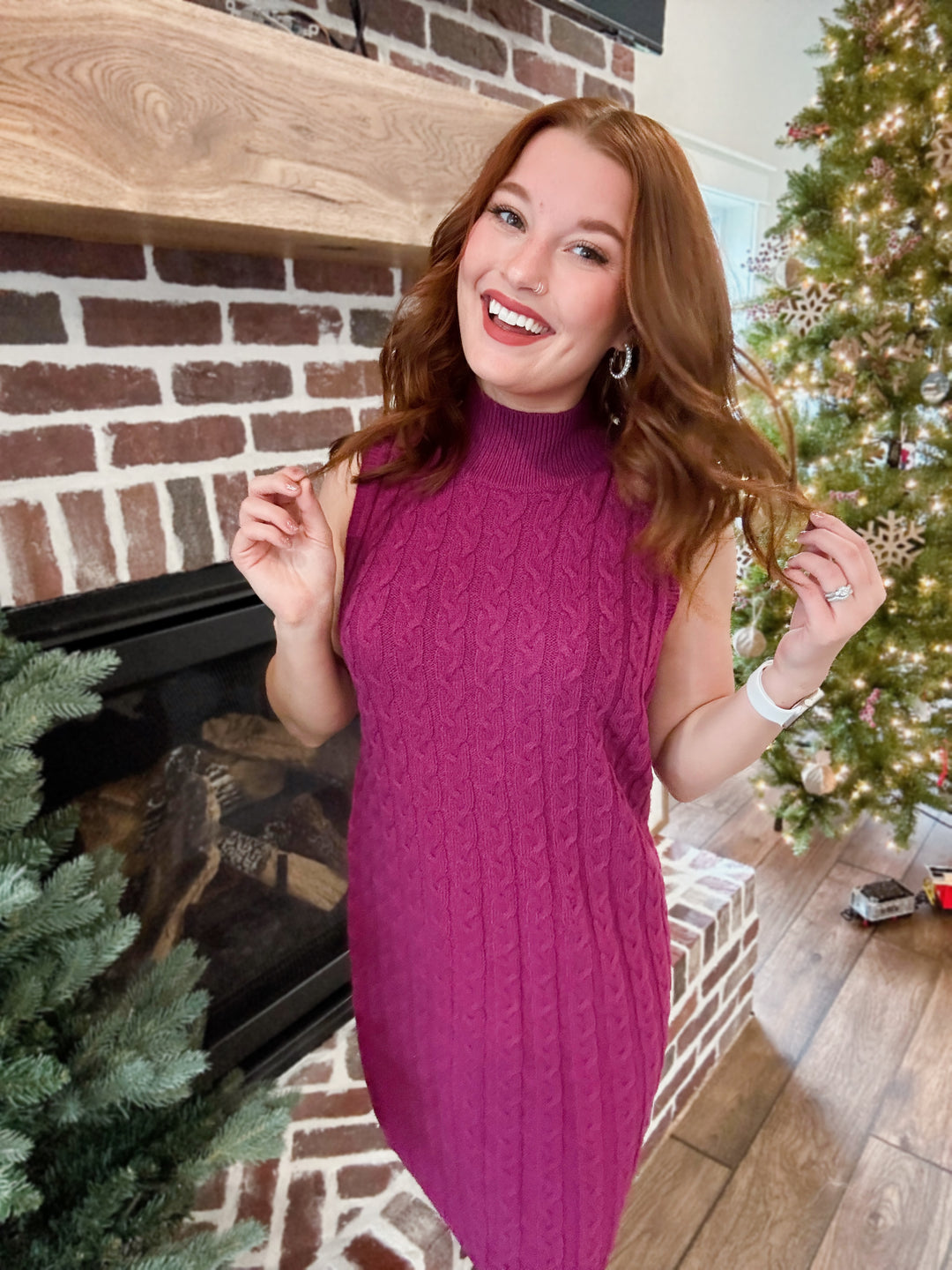 Show Up Magenta Cable Knit Sweater Dress