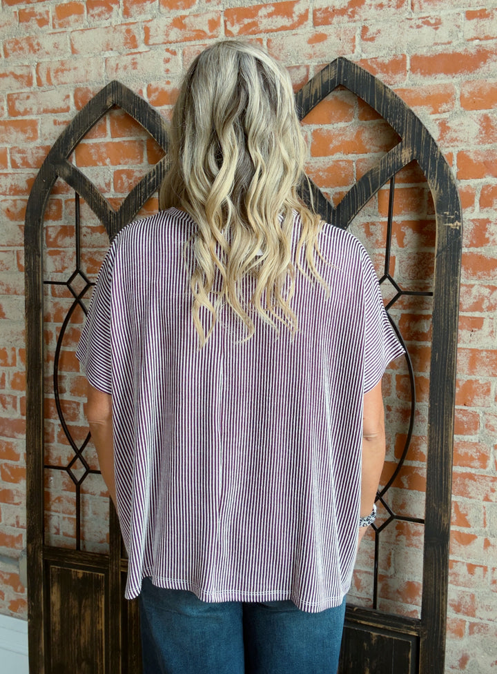 Make It's Way Back 2 Tone Ribbed Tee-Plum