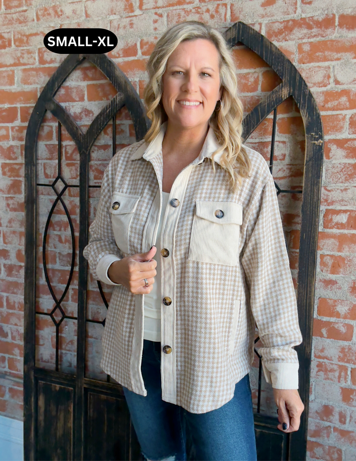 Getting Festive Houndstooth Shacket-Beige