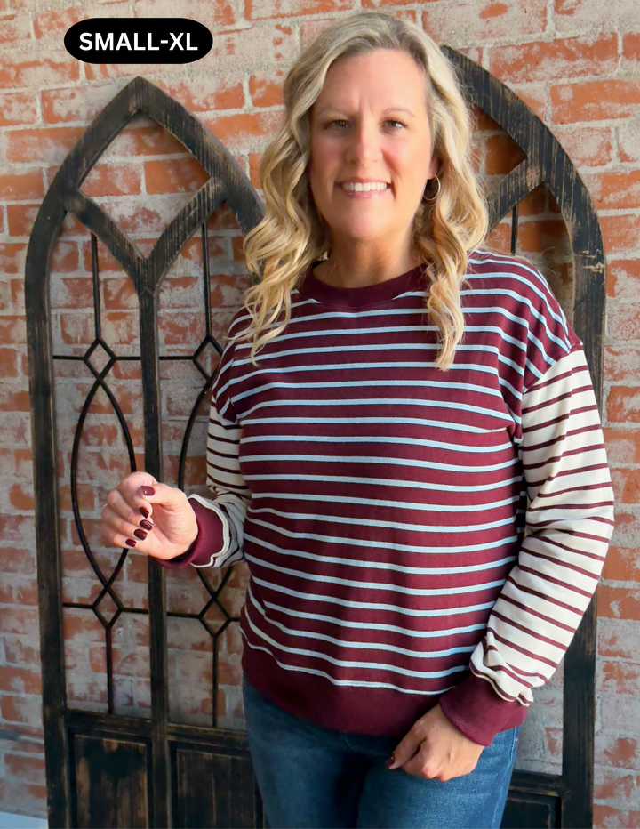 Take It Back Striped Color Block Pullover-Burgundy