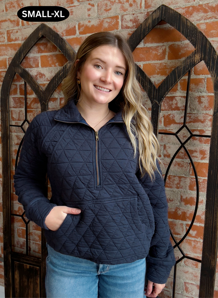 Feeling Unstoppable Quilted Half Zip-Navy
