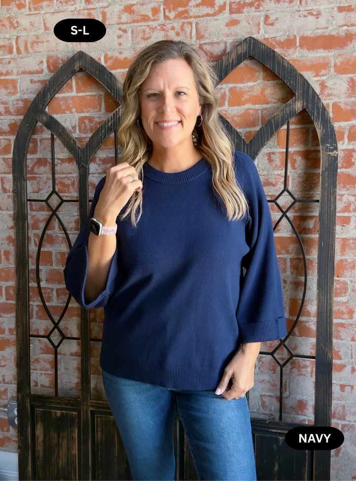 In For It 3/4 Sleeve Sweater-Hunter Green & Navy