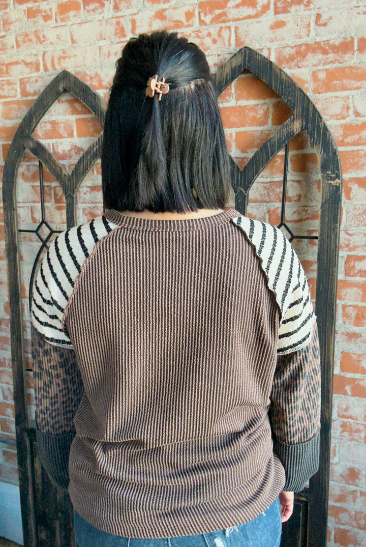 Wild Intentions Leopard Color Block Sleeve-Brown