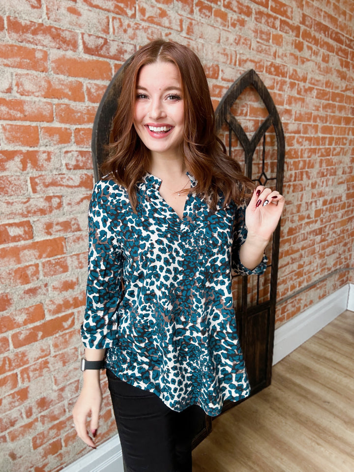 What You Really Want Teal Leopard 3/4 Sleeve Lizzy Blouse