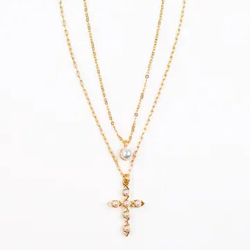 Leah Pearl Double Layered Cross Necklace