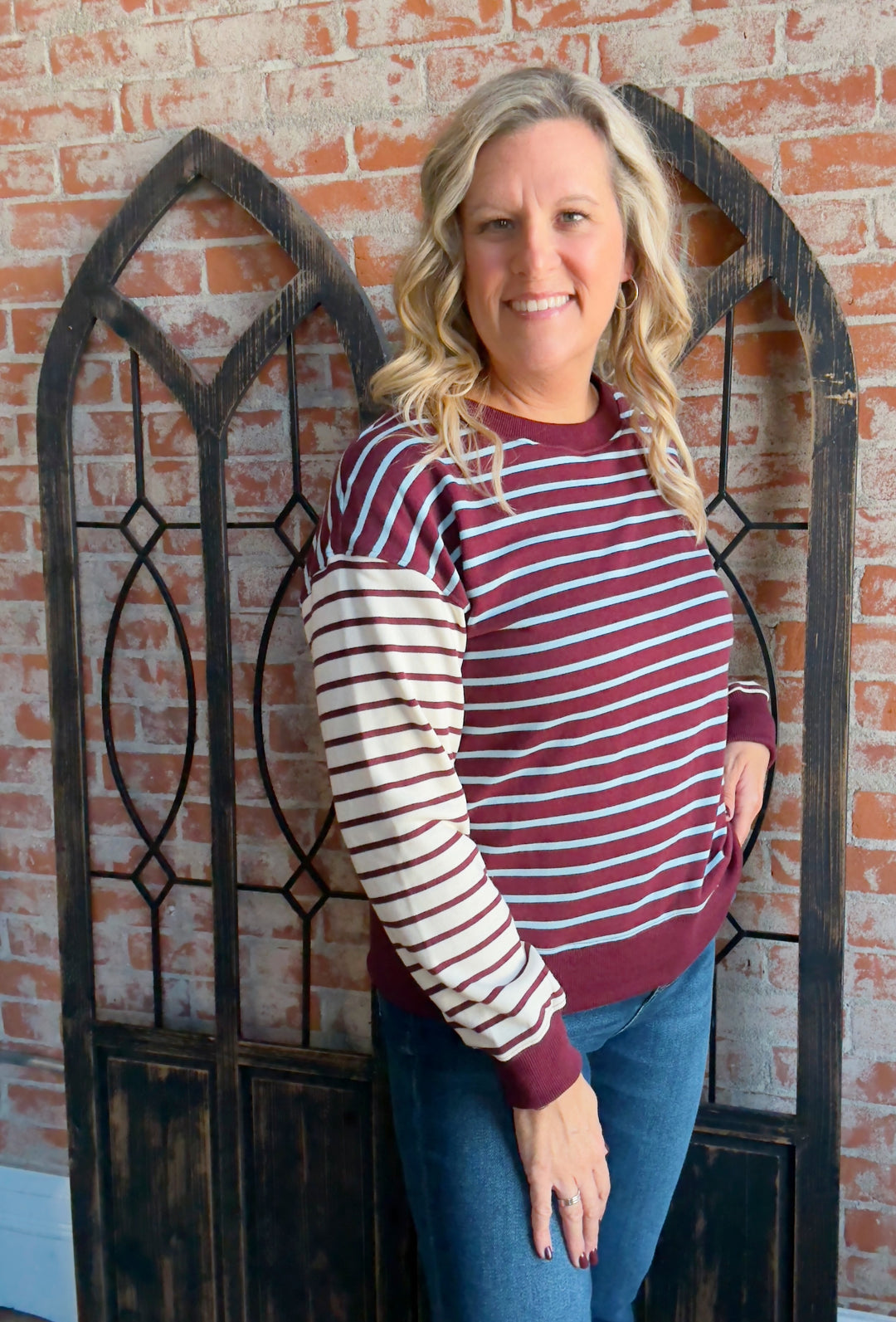 Take It Back Striped Color Block Pullover-Burgundy
