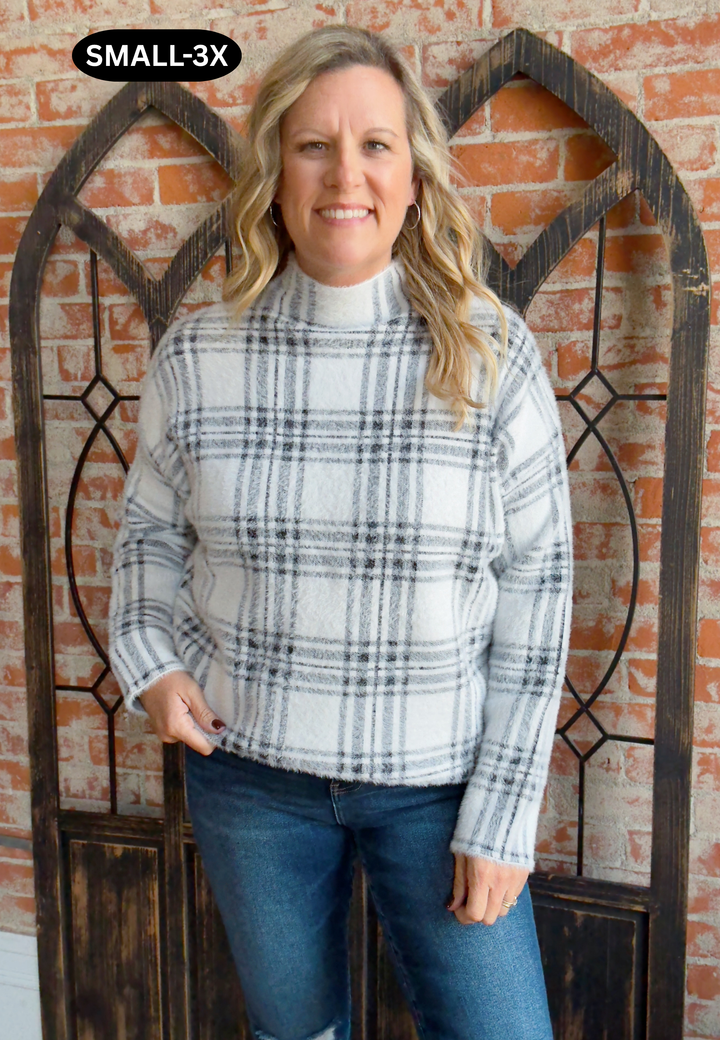 The Coziest Plaid Sweater-White