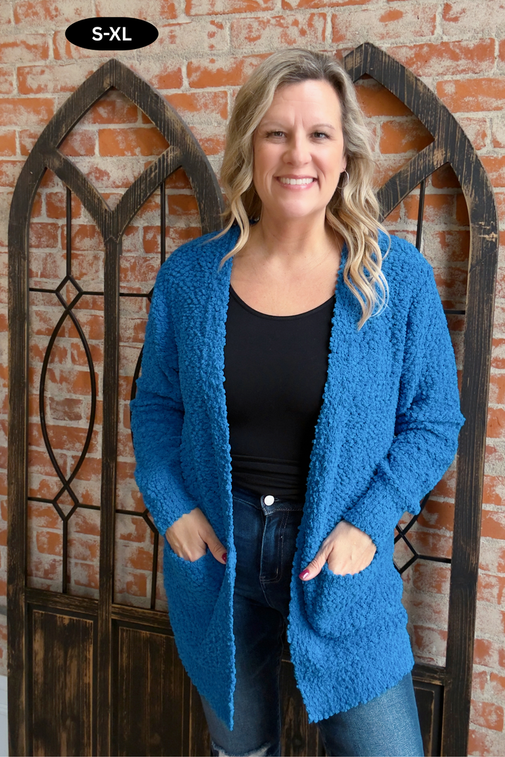 Wrap Me In Warmth Popcorn Cardigan-Ocean Blue