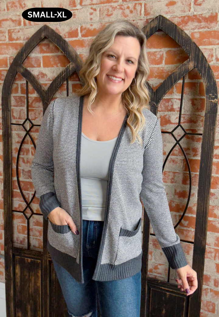 Write The Story Chevron Stripe Cardigan-Charcoal