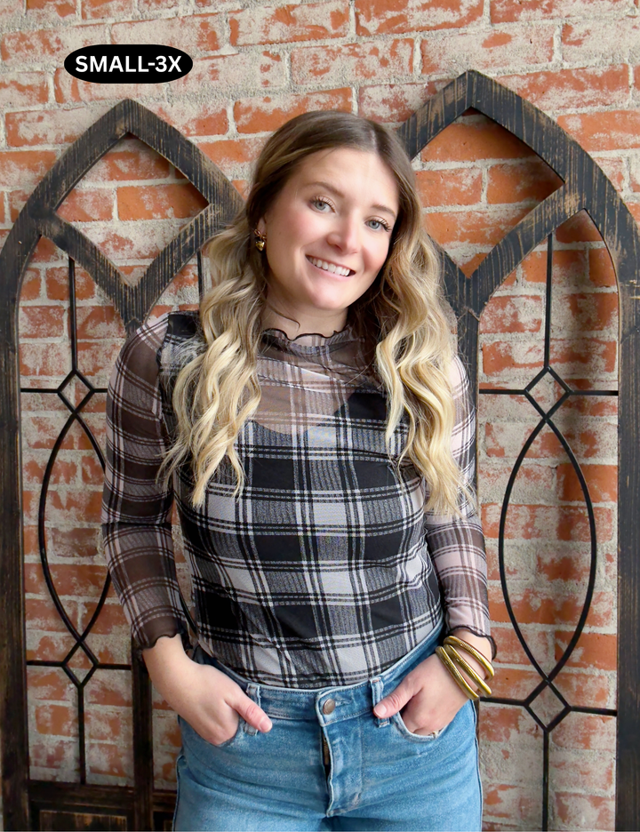 Holiday Flair Plaid Mesh Long Sleeve