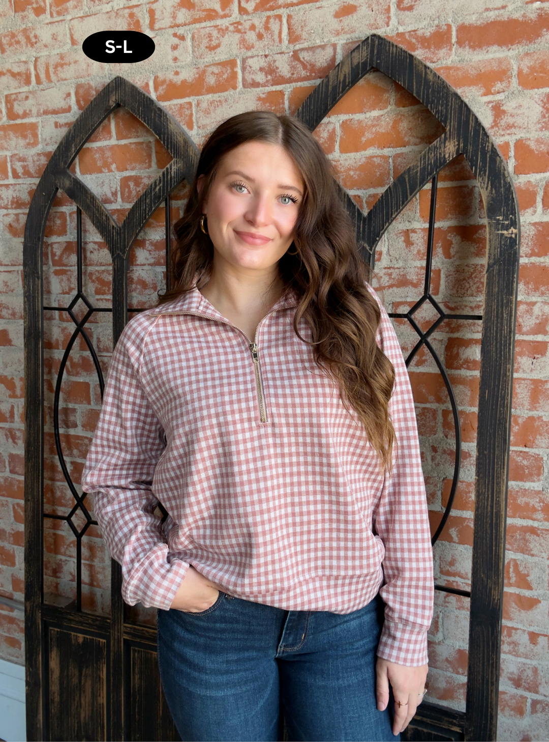 It's A New Day Gingham Half Zip-Mauve