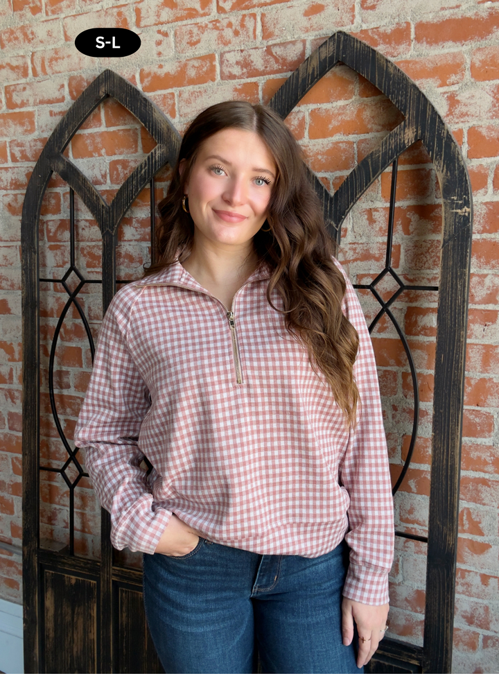 It's A New Day Gingham Half Zip-Mauve