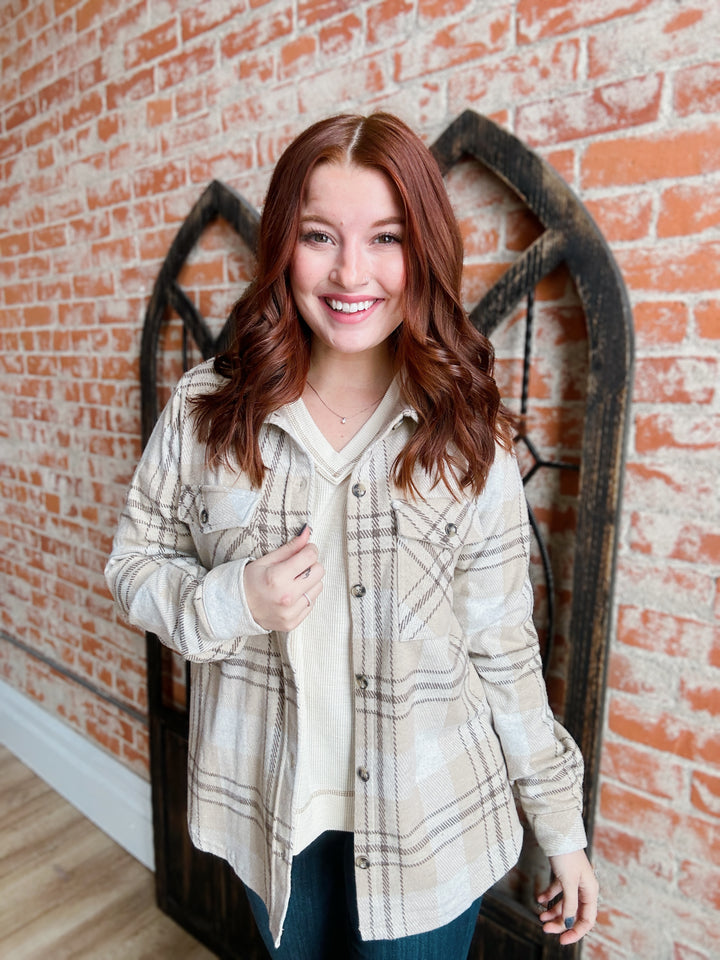 See You Taupe Plaid Knit Shacket