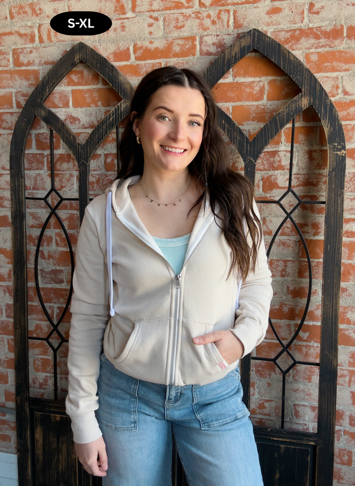 Always A Yes Fleece Zip Up-Beige