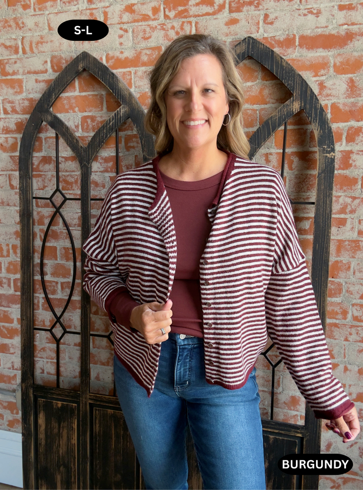 Top Of Mind Striped Sweater Cardigan- Olive & Burgundy