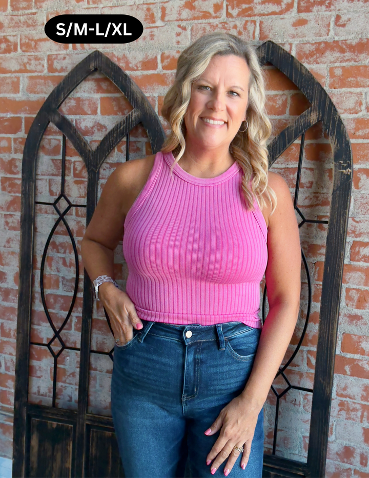 Don't Be Silly Acid Wash Tank-Hot Pink