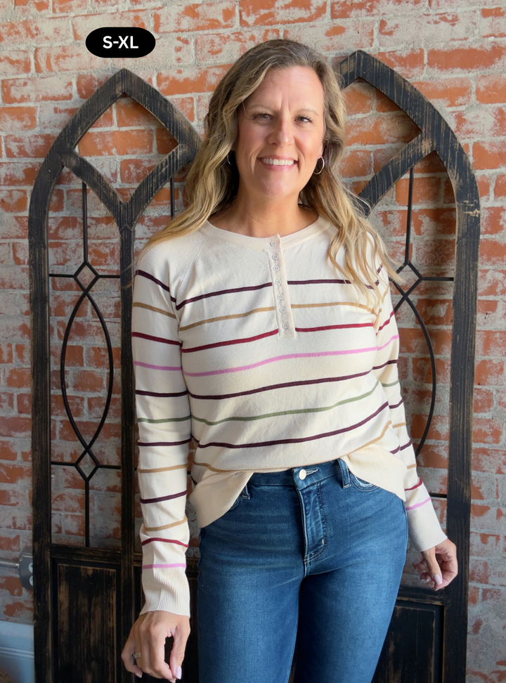 For The Best Henley Sweater-Oatmeal/Pink