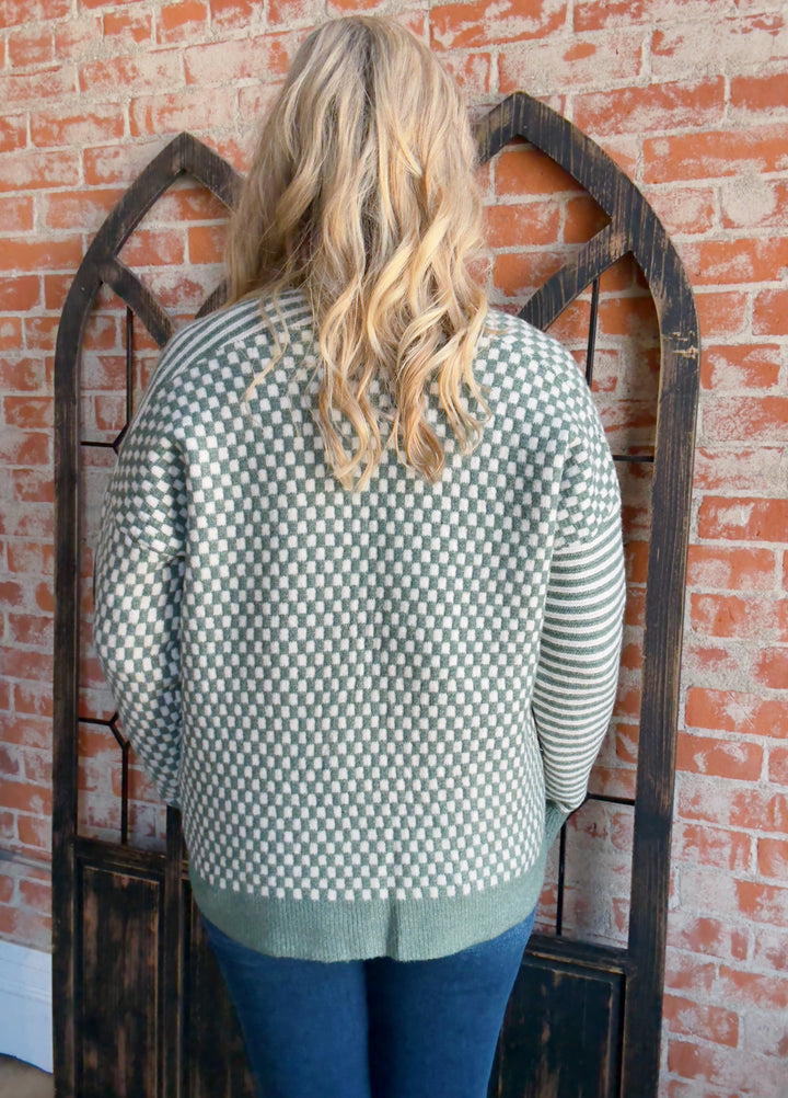 Feel The Victory Checkered Cardigan-Sage