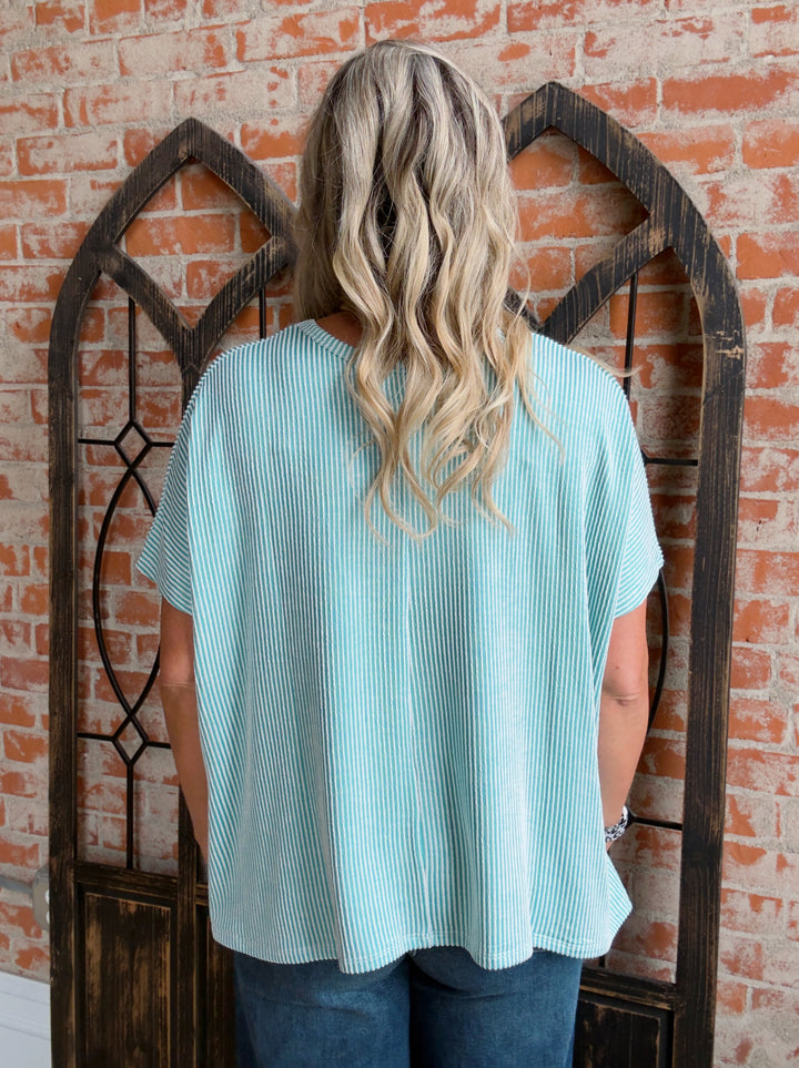 Make It's Way Back 2 Tone Ribbed Tee-Turquoise