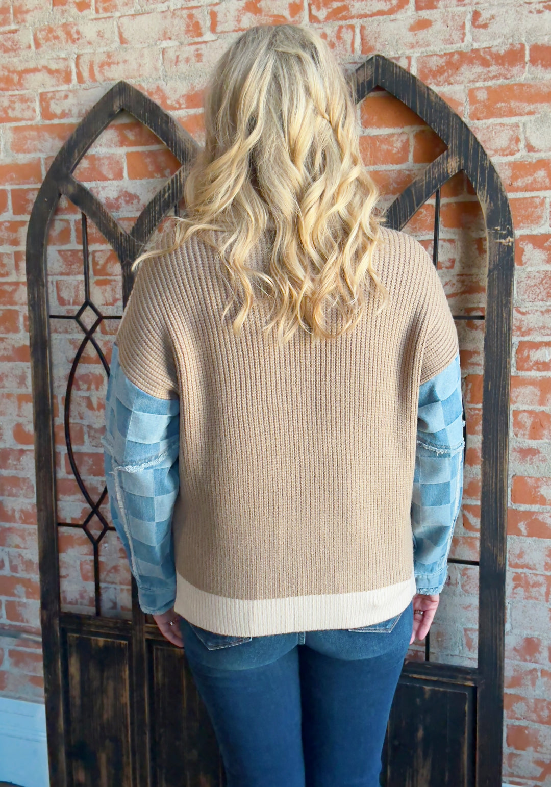 Checking The Facts Checkered Denim Sleeve Sweater