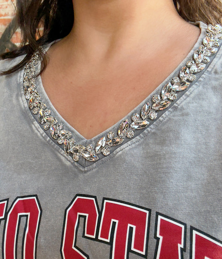 OSU Icon Edge Rhinestone V Neck Tee