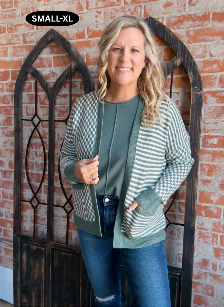 Feel The Victory Checkered Cardigan-Sage