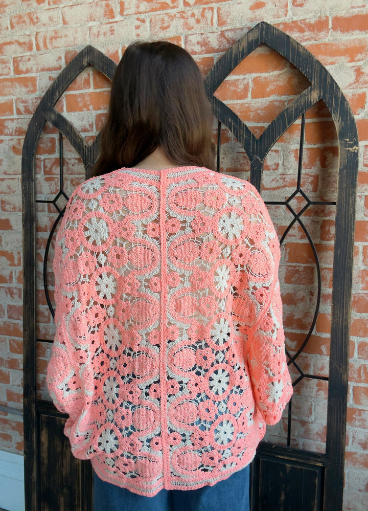 All Her Glory Crochet Cardigan-Coral