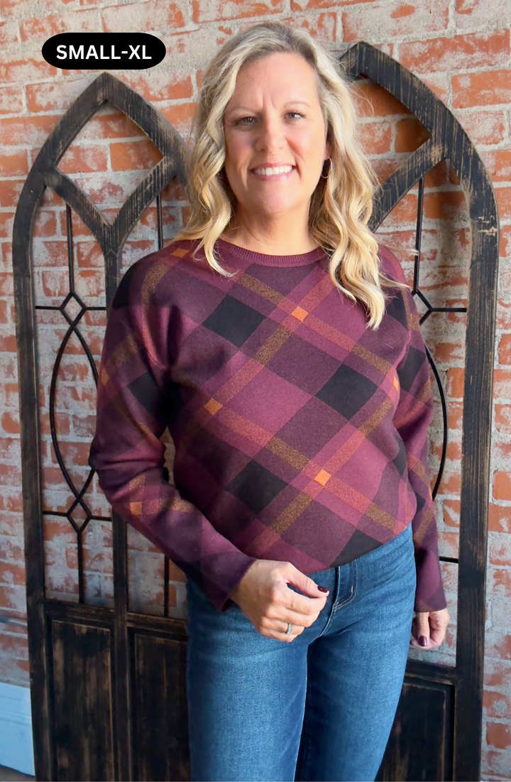 Looking Forward To The Holidays Plaid Sweater-Burgundy