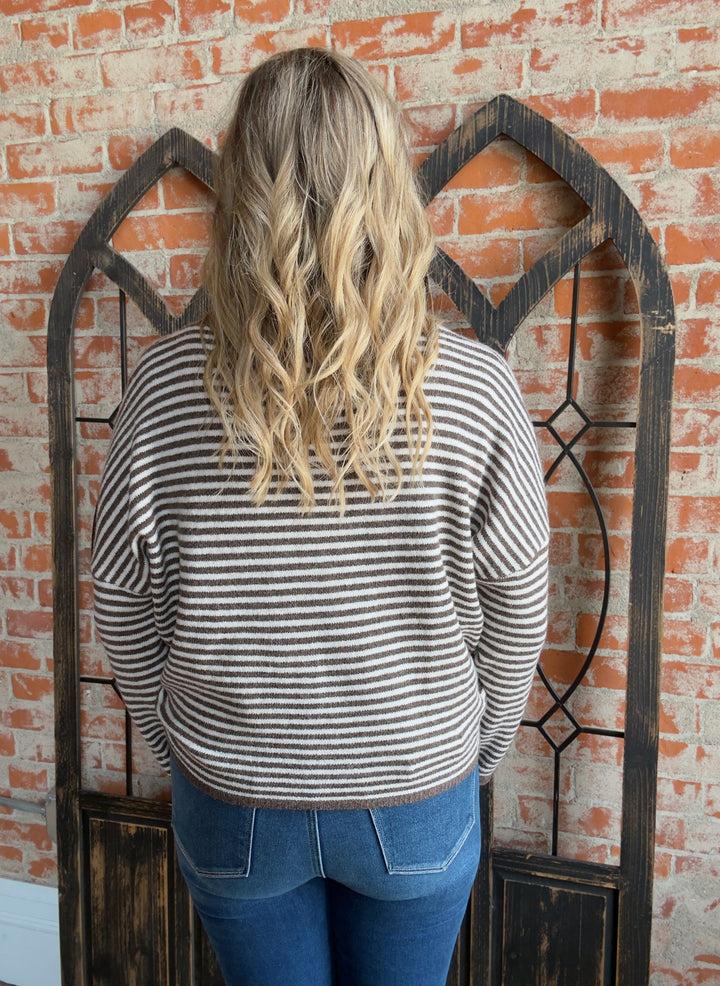 Top Of Mind Striped Sweater Cardigan- Mocha & Brown
