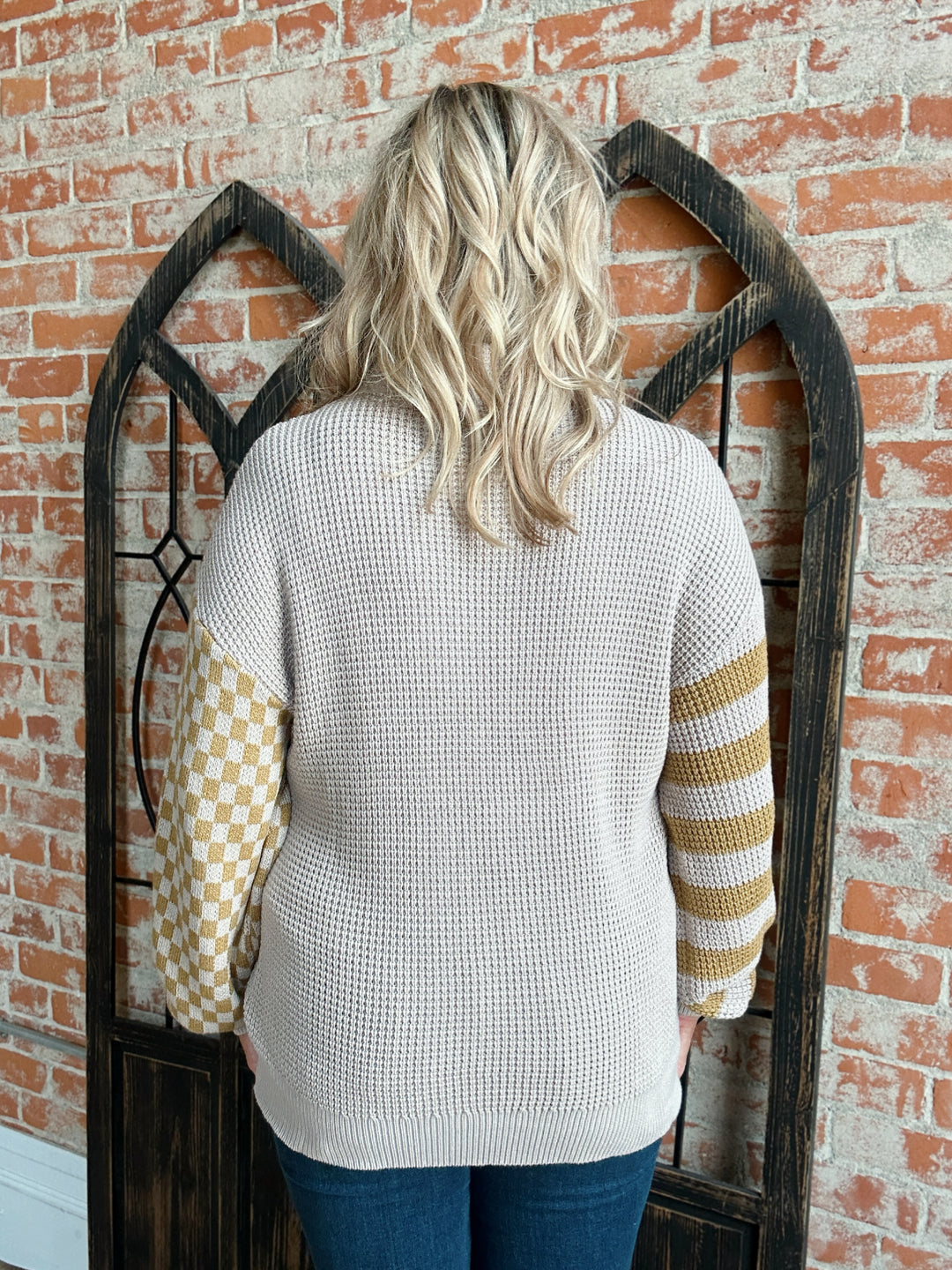 We'll Make It Checkered Sleeve Sweater