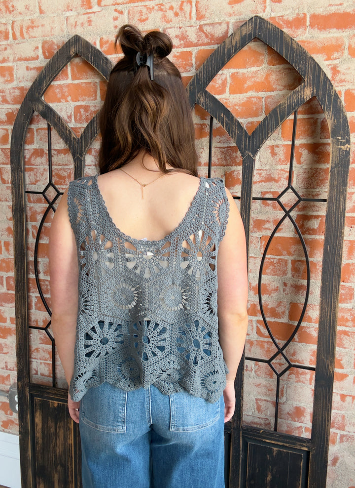 Make Your Head Spin Crochet Tank-Charcoal