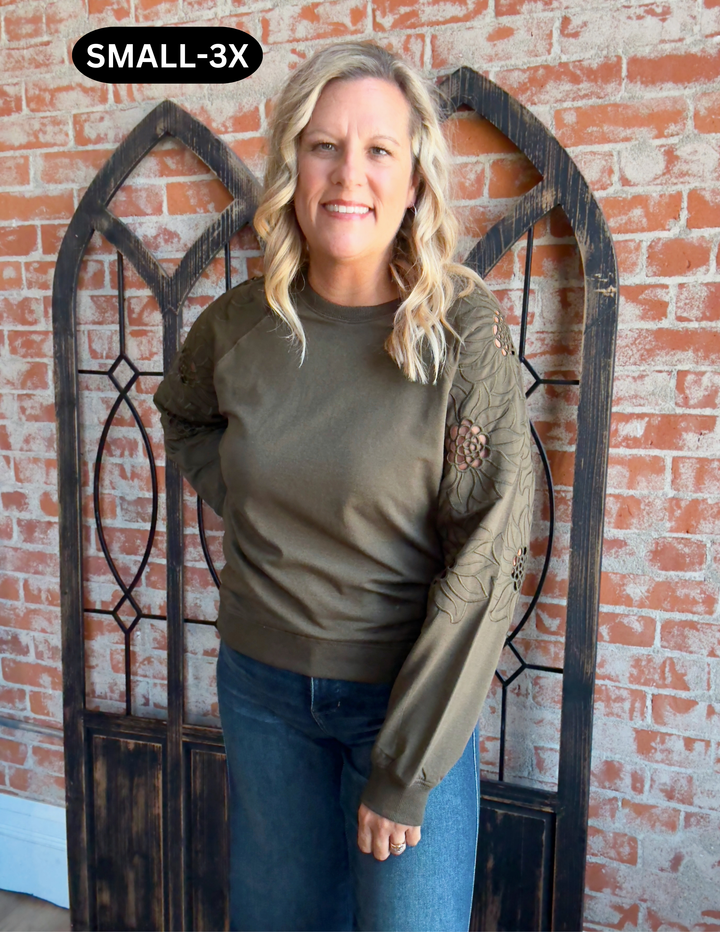 Set Me Free Laser Cut Floral Sleeve Crewneck-Olive