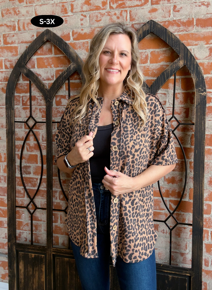 Hear Me Roar Leopard Ribbed Button Up