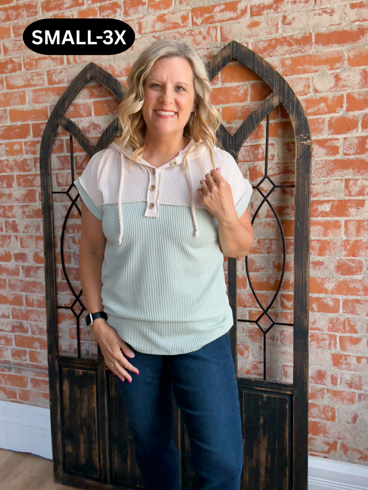 That's My Girl Ribbed Color Block Hoodie-Sage