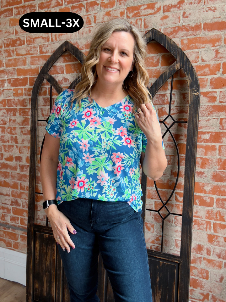 Thinking Warm Royal Blue Floral Boyfriend Tee