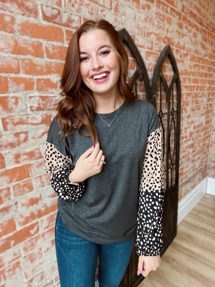 On A High Note Leopard Color Block Sleeve