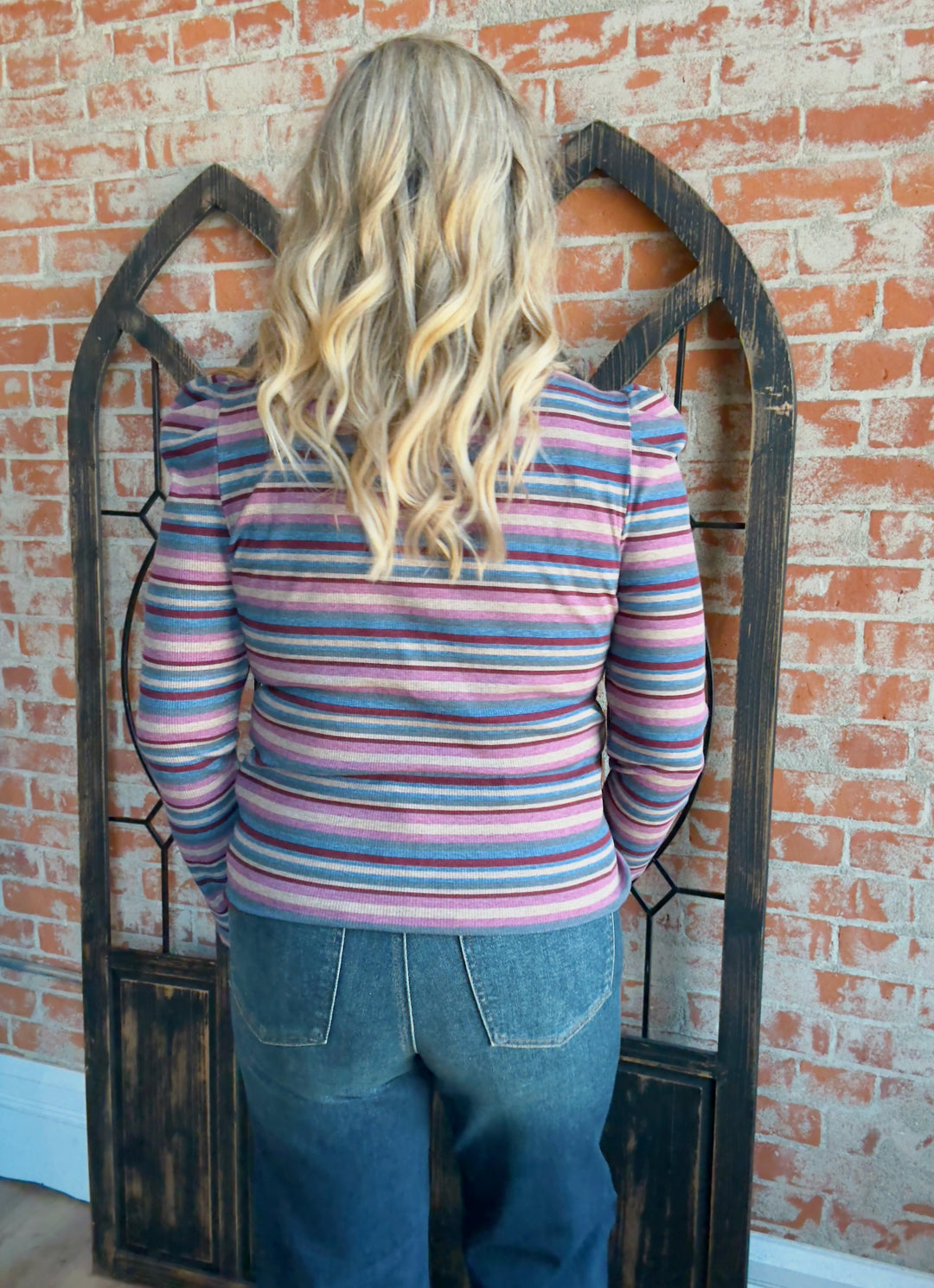 Pretty Girl Things Striped Puff Sleeve-Blue/Burgundy