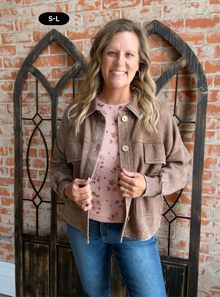 Got It All Down Acid Wash Jacket-Brown