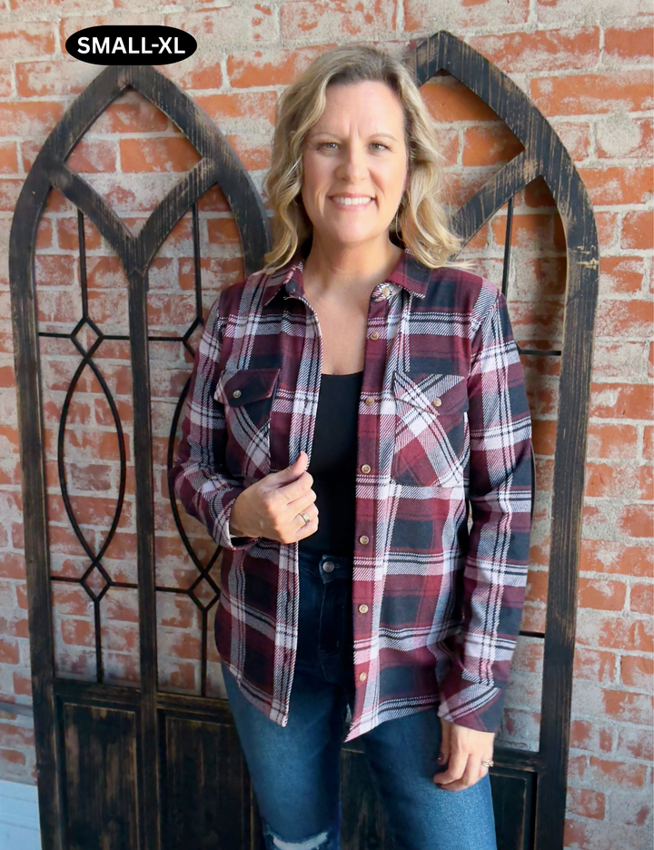 Teddy Soft Plaid Shacket-Burgundy/Navy Plaid