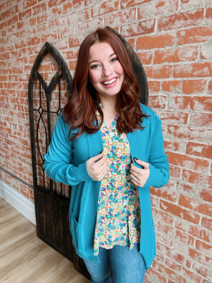 The Way It Is Ribbed Cardigan-Teal