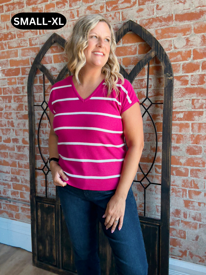 Where You Belong Striped Short Sleeve Sweater-Magenta