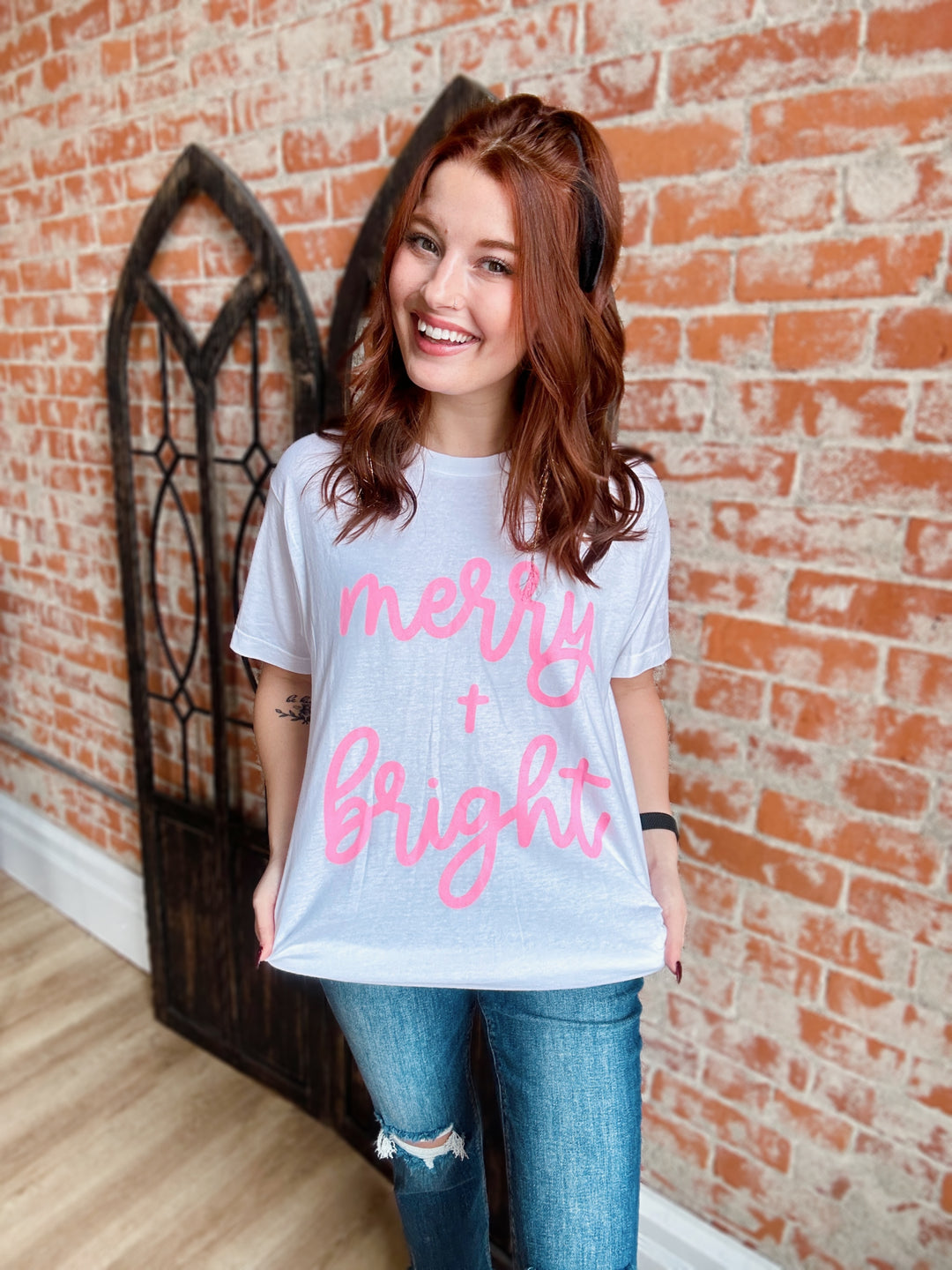 Neon Pink Merry & Bright Graphic Tee