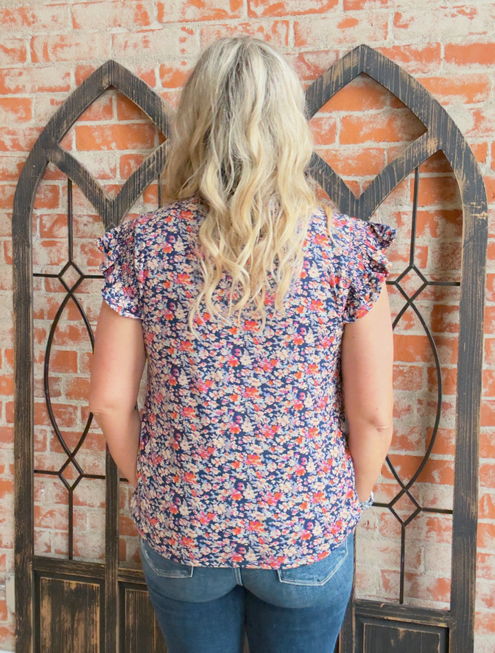 With The Right Attitude Floral Ruffle Sleeve Tee-Navy