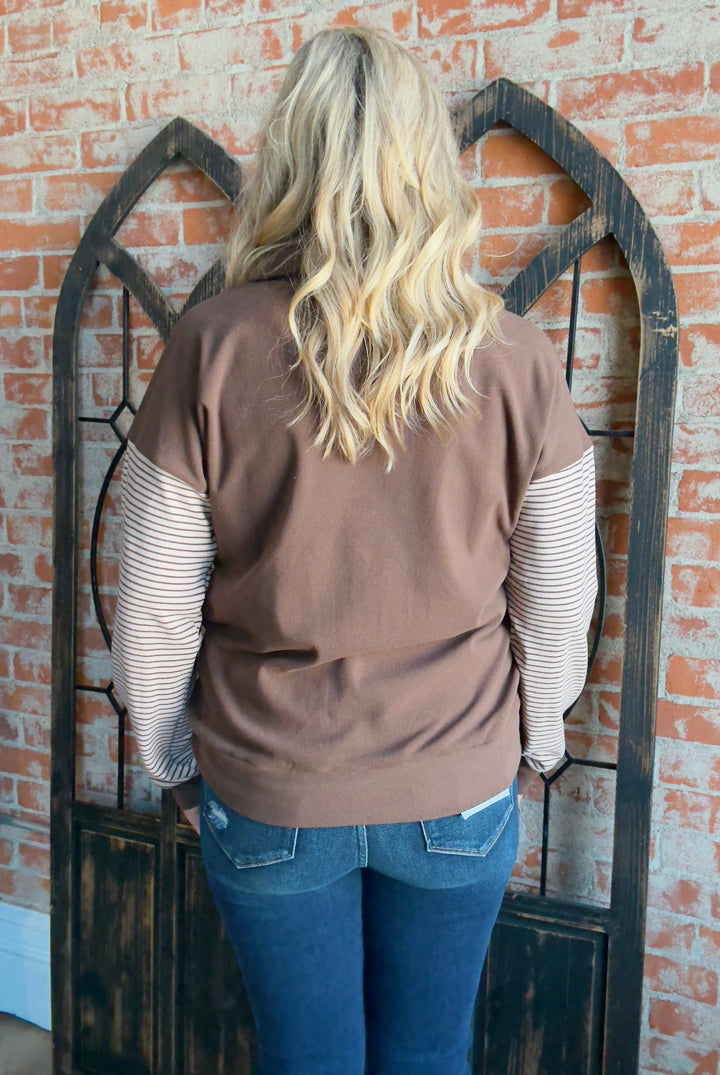 Just Another Day Striped Sleeve Zip Up-Brown