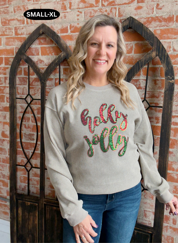 Ribbed Sequin Holly Jolly Crewneck