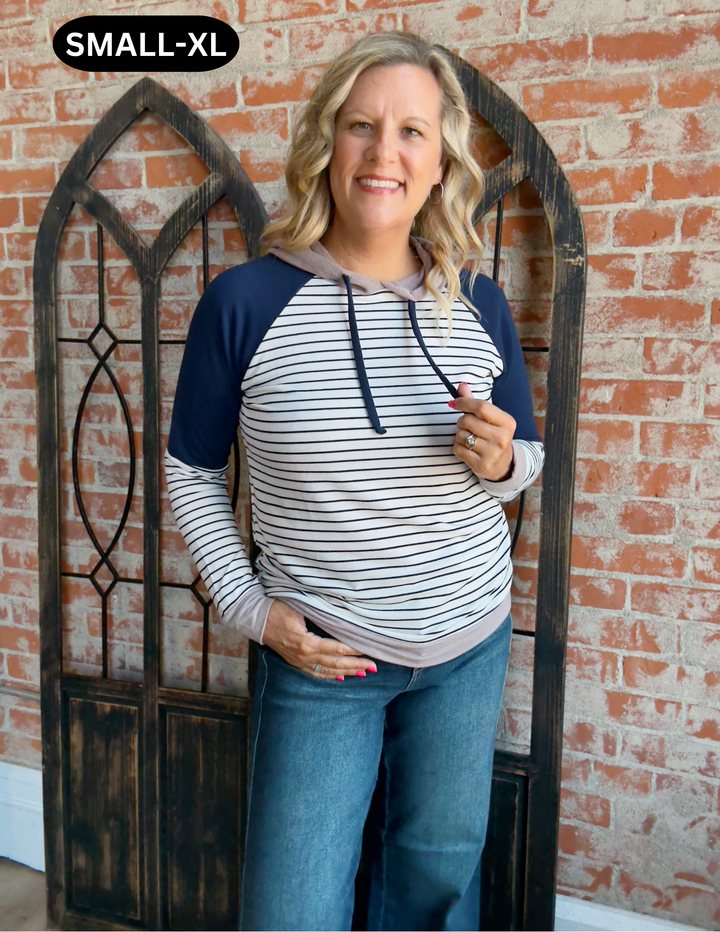 Here For A Good Time Color Block Hoodie-Navy/Taupe